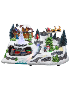 VILLAGGIO NATALIZIO TRENO E SLITTA LED 68X25X69CM LUCI E MOVIMENTO