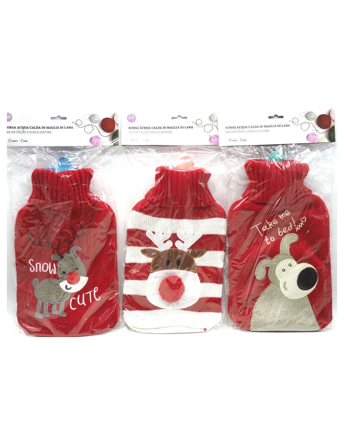 Borsa Acqua Calda 2L con Maglia in Lana Natalizia Assortita, Scalda Letto Invernale