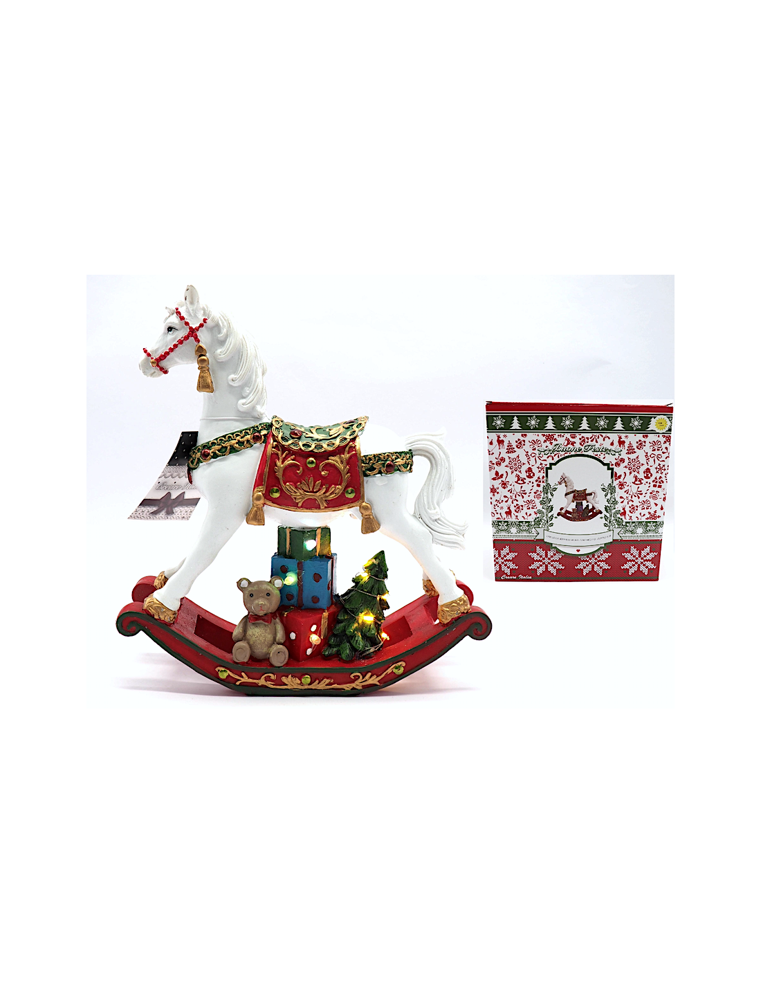 Cavallo con Albero in Poliresina 23x7x25,5cm con Luci LED, Statuetta Natalizia Elegante da Collezione
