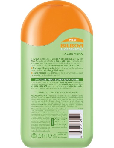 Bilboa Aloe Sensitive SPF 30, Latte Solare Alta per Pelli Sensibili, Formula con Aloe Vera, 200 ml