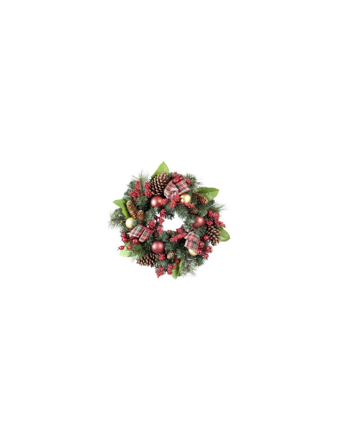 Corona Natale 45cm con Pigne, Sfere, Bacche Rosse e Nastro Scozzese Flora