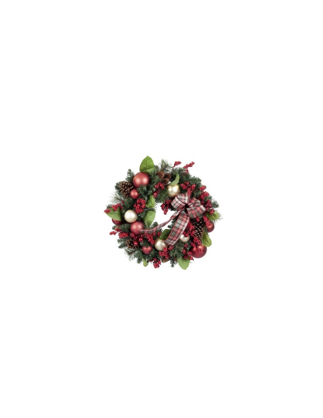 Corona Natale 60cm con Pigne, Sfere, Bacche Rosse e Nastro Scozzese Flora