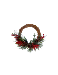 Corona Natalizia Rattan 52x34cm con Pigne e Bacche Rosse, Decorazione da Porta e Parete