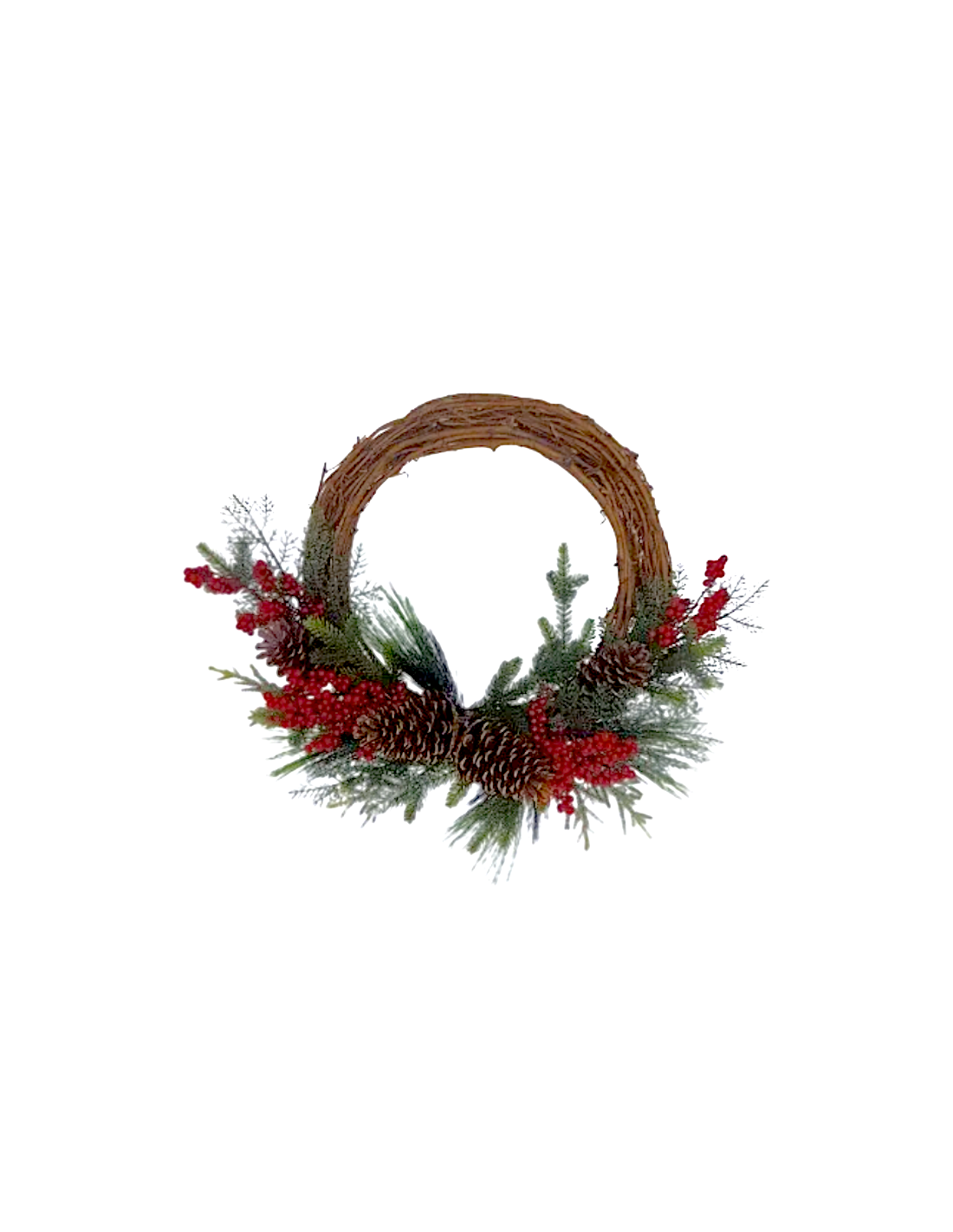 Corona Natalizia Rattan 52x34cm con Pigne e Bacche Rosse, Decorazione da Porta e Parete