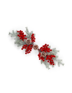 Centrotavola natalizio innevato 70x8cm rosso floccato, decorazione in plastica e polistirolo