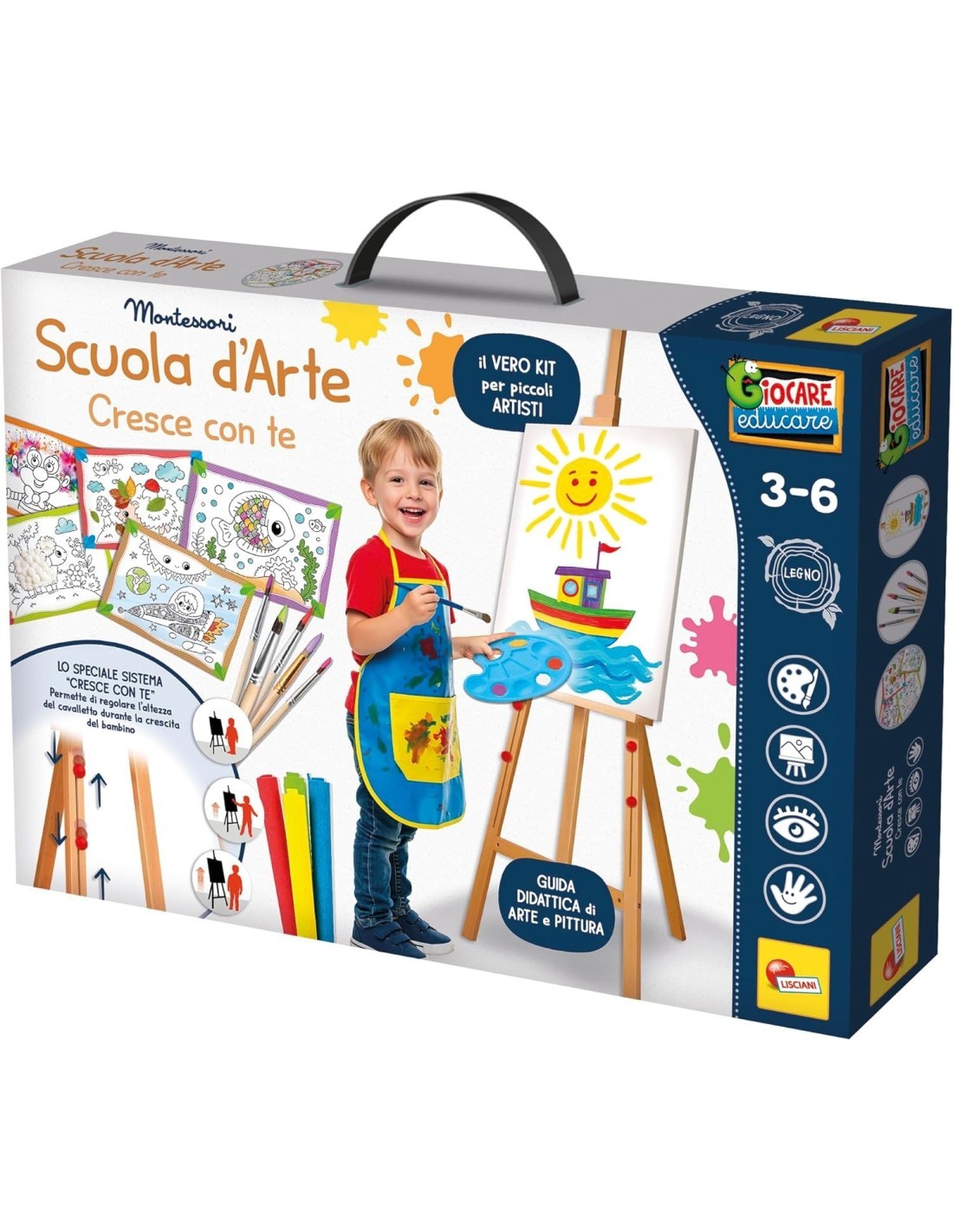 MONTESSORI SCUOLA D’ARTE CRESCE CON TE, KIT ARTISTICO, CAVALLETTO REGOLABILE, ACQUARELLI,  45X62X7 CM, LISCIANI GIOCHI