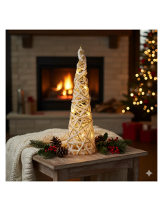 Albero cono di Natale bianco oro 16x60cm con 15 luci LED, decorazione luminosa elegante da interno