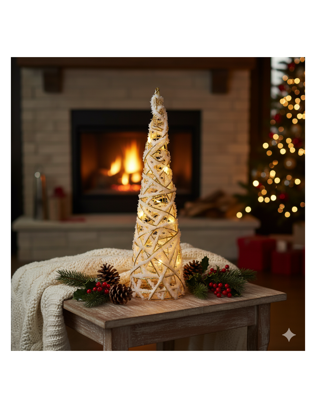 Albero cono di Natale bianco oro 16x60cm con 15 luci LED, decorazione luminosa elegante da interno