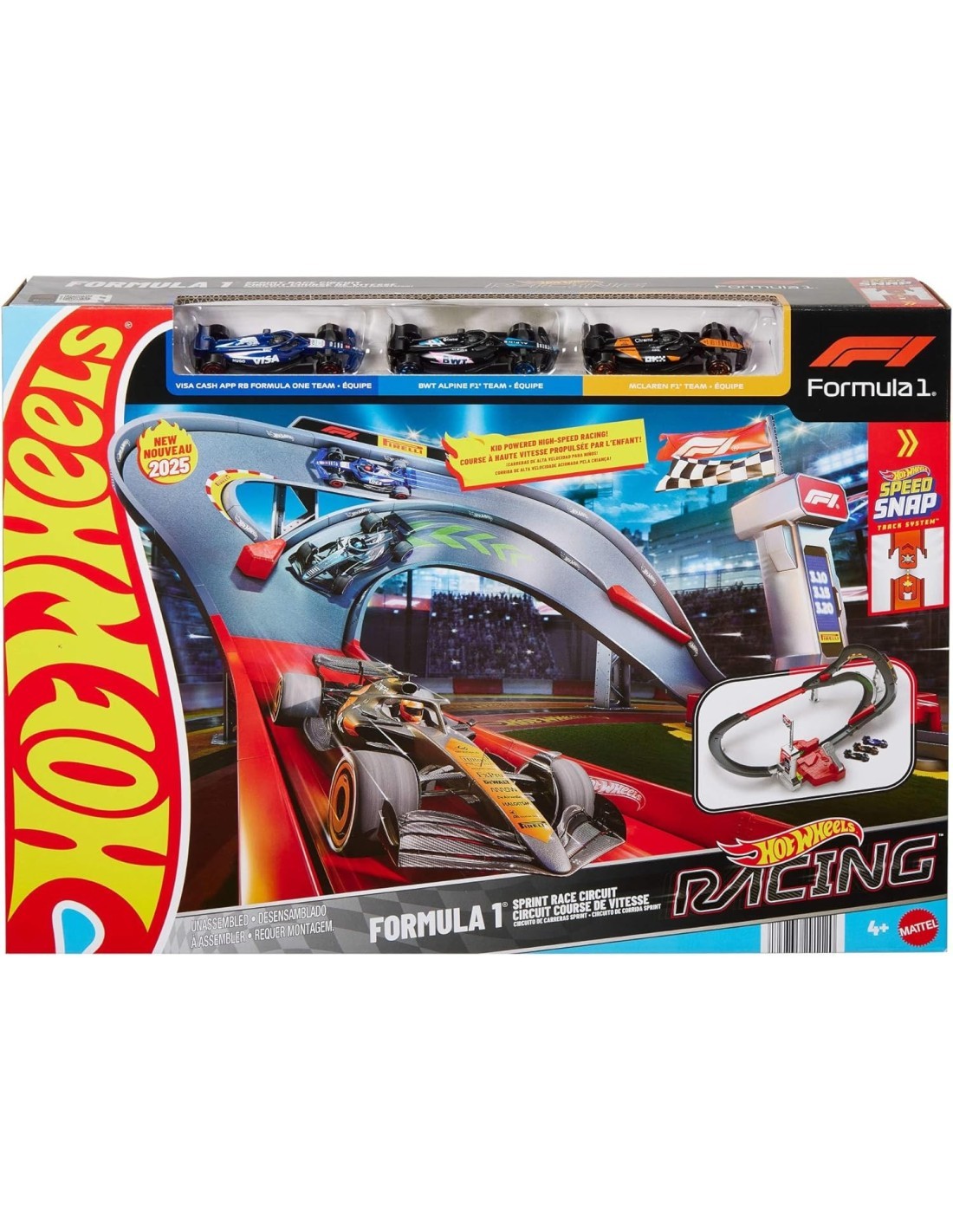 HOT WHEELS RACING, CIRCUITO SPRINT FORMULA 1, SET PISTA 2 MODALITÀ, 3 VEICOLI F1 INCLUSI
