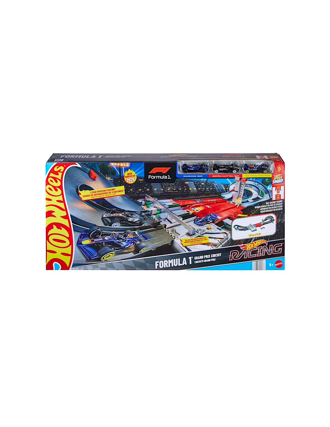 HOT WHEELS RACING, CIRCUITO GRAND PRIX JDY16, PISTA 2 MODALITÀ, BOOSTER MOTORIZZATO, 3 VEICOLI F1