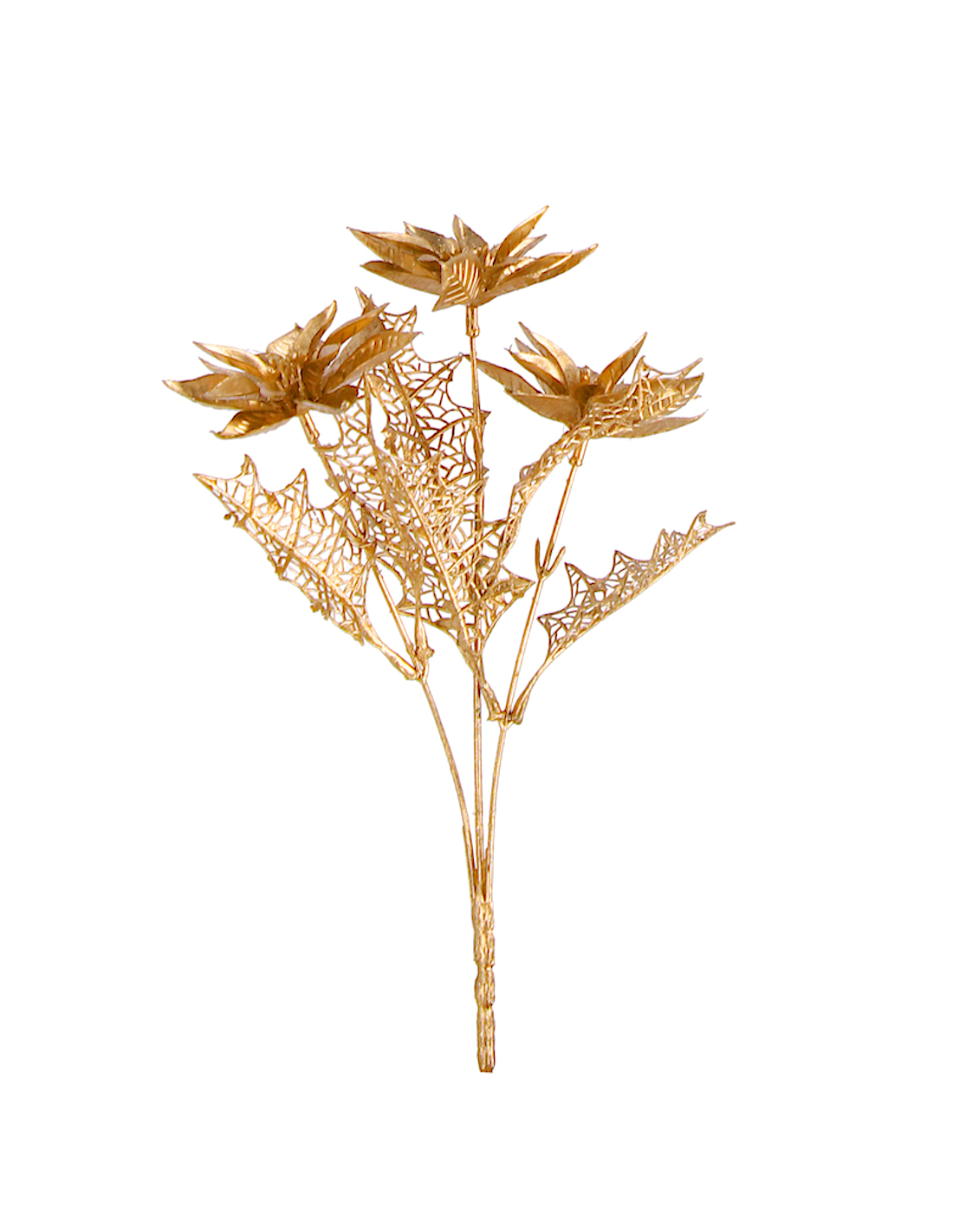 Pick Howell poinsettia oro di Natale H33cm con 3 fiori decorativi, ramo elegante in PE e fil di ferro