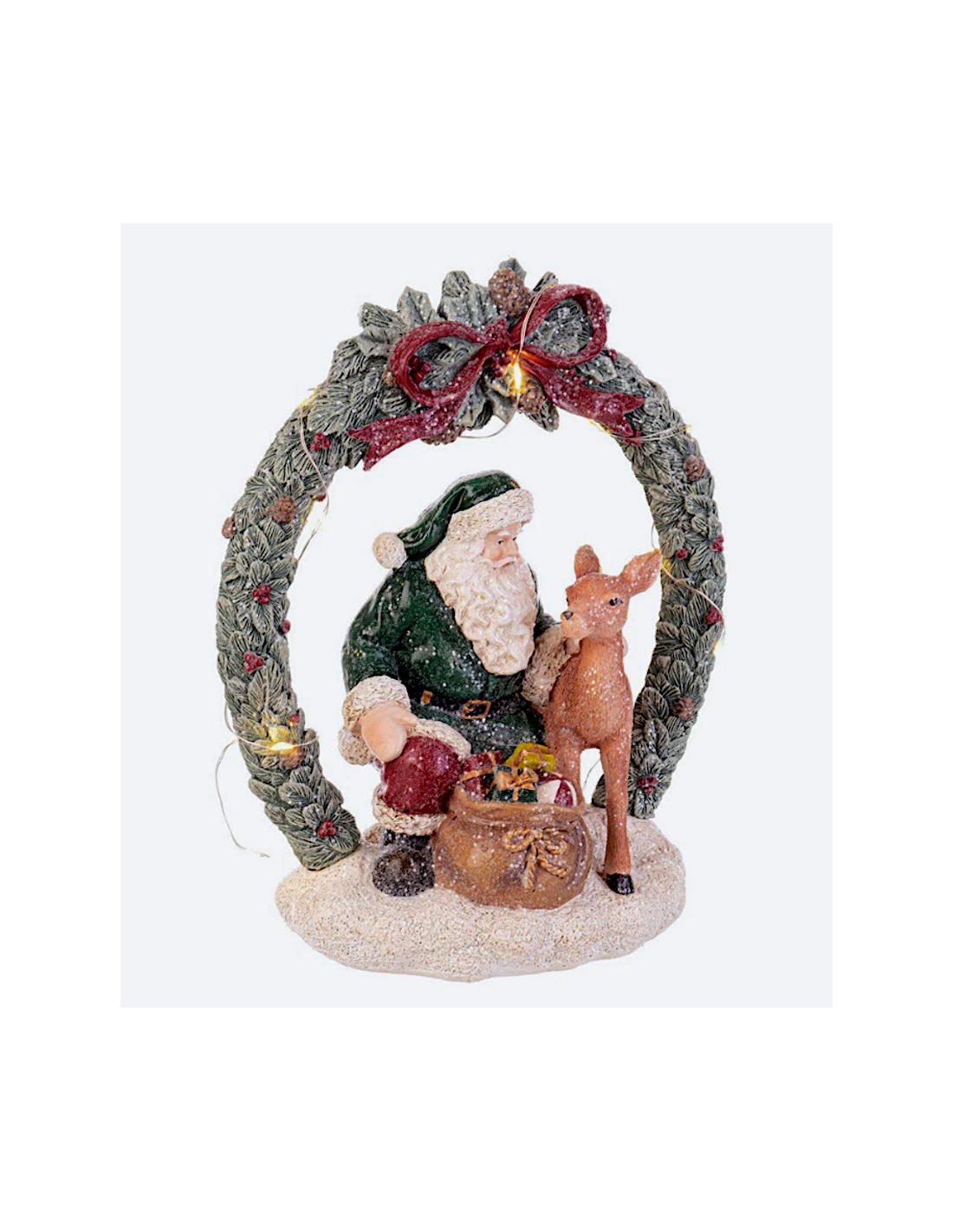 Babbo Tyson verde con corona C-LED H22,5cm, statuina natalizia luminosa in poliresina