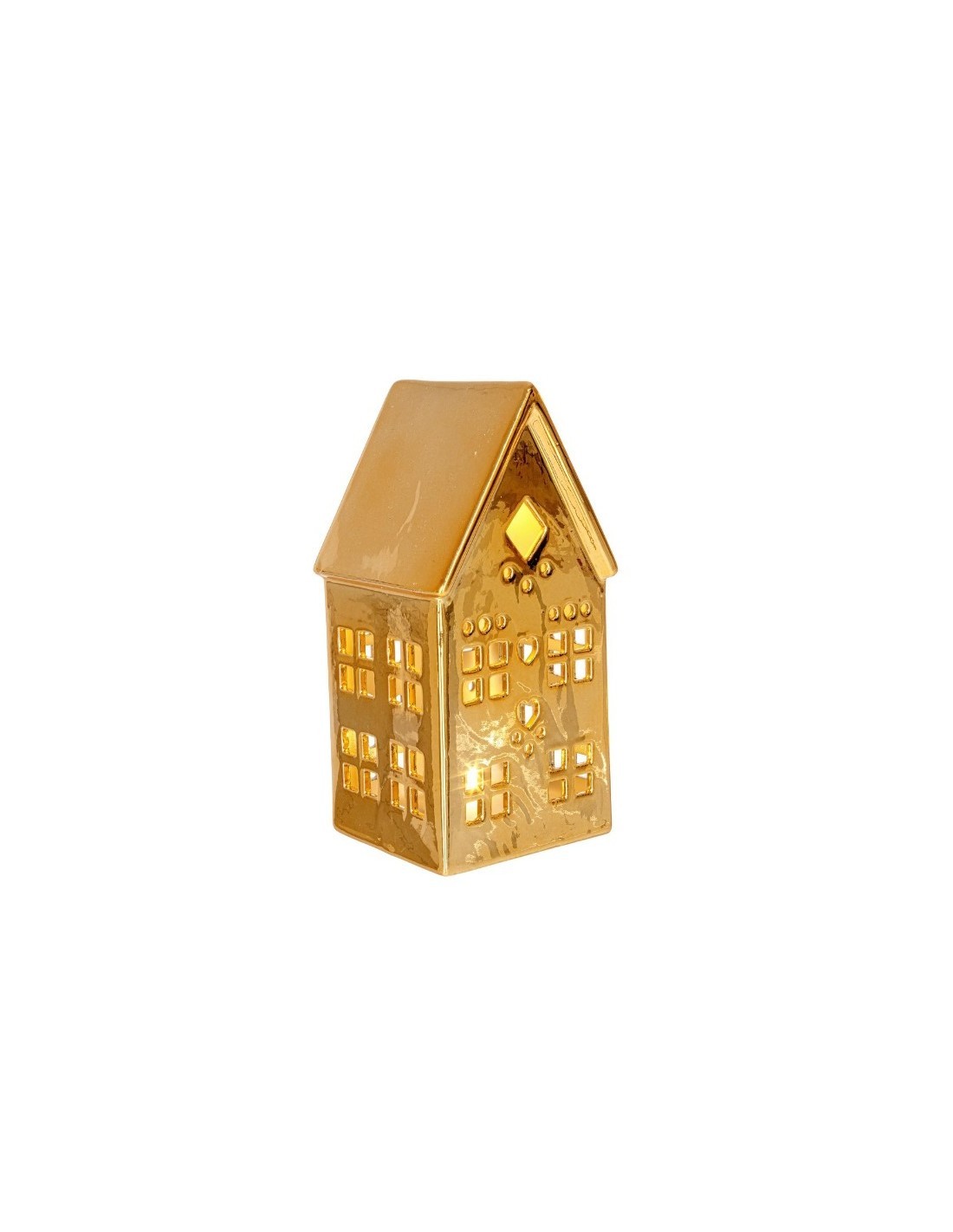 Casetta Dickens oro con LED H17cm in porcellana, decorazione natalizia luminosa a batteria