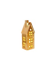 Casetta Dickens Cuore oro con LED H12,8cm in porcellana, decorazione natalizia luminosa a batteria