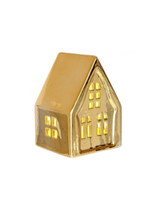 Casetta Dickens Art oro con LED H8,5cm in porcellana, decorazione natalizia luminosa a batteria