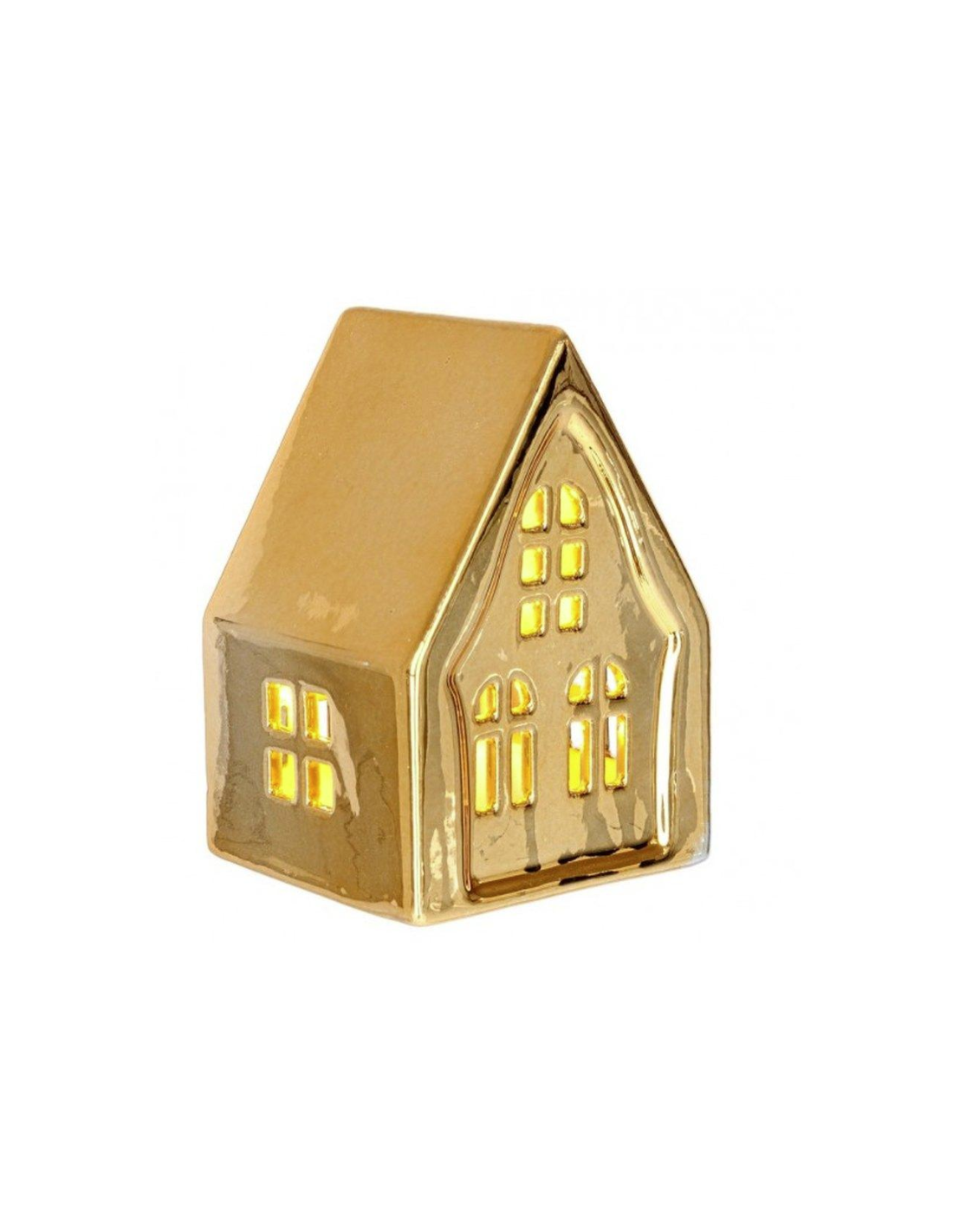 Casetta Dickens Art oro con LED H8,5cm in porcellana, decorazione natalizia luminosa a batteria
