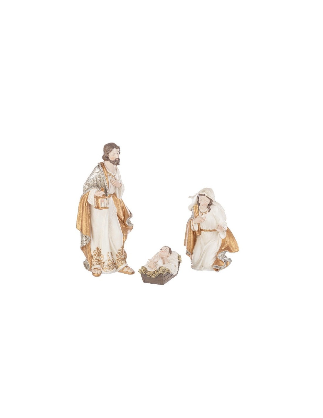 Natività Ellyn 3 pezzi bianco oro in resina, statuine presepe eleganti, Sacra Famiglia decorazione natalizia raffinata