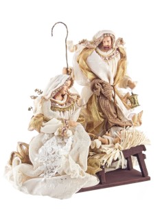 Sacra Famiglia Fastosa Champagne 38cm, statuina presepe elegante in resina e tessuti pregiati, decorazione natalizia raffinata