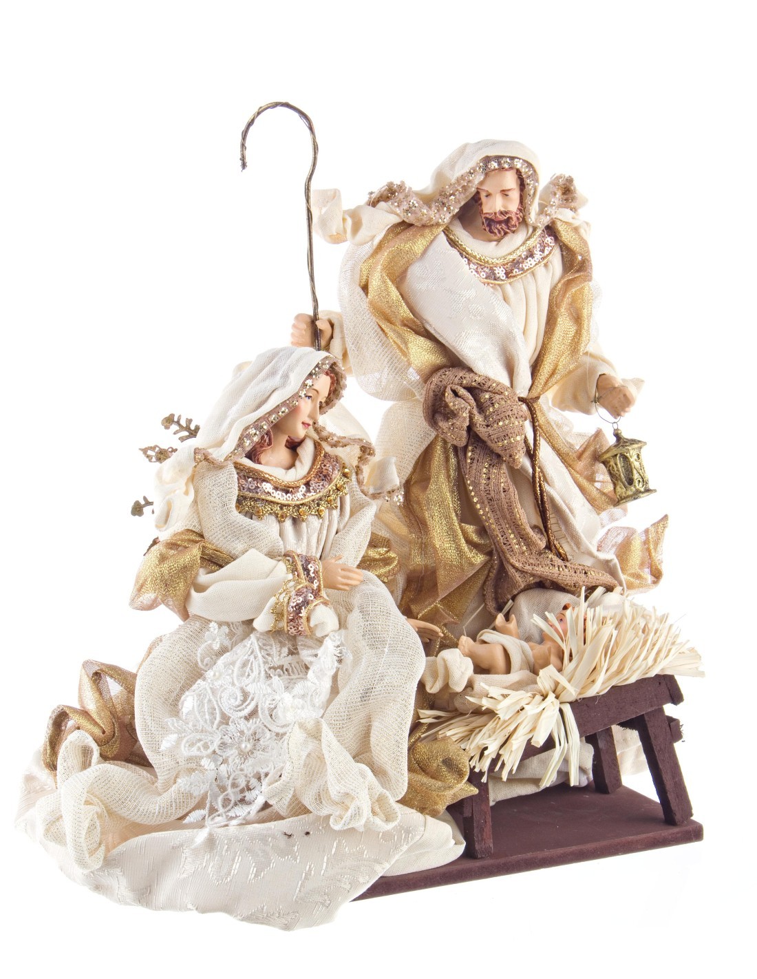 Sacra Famiglia Fastosa Champagne 38cm, statuina presepe elegante in resina e tessuti pregiati, decorazione natalizia raffinata
