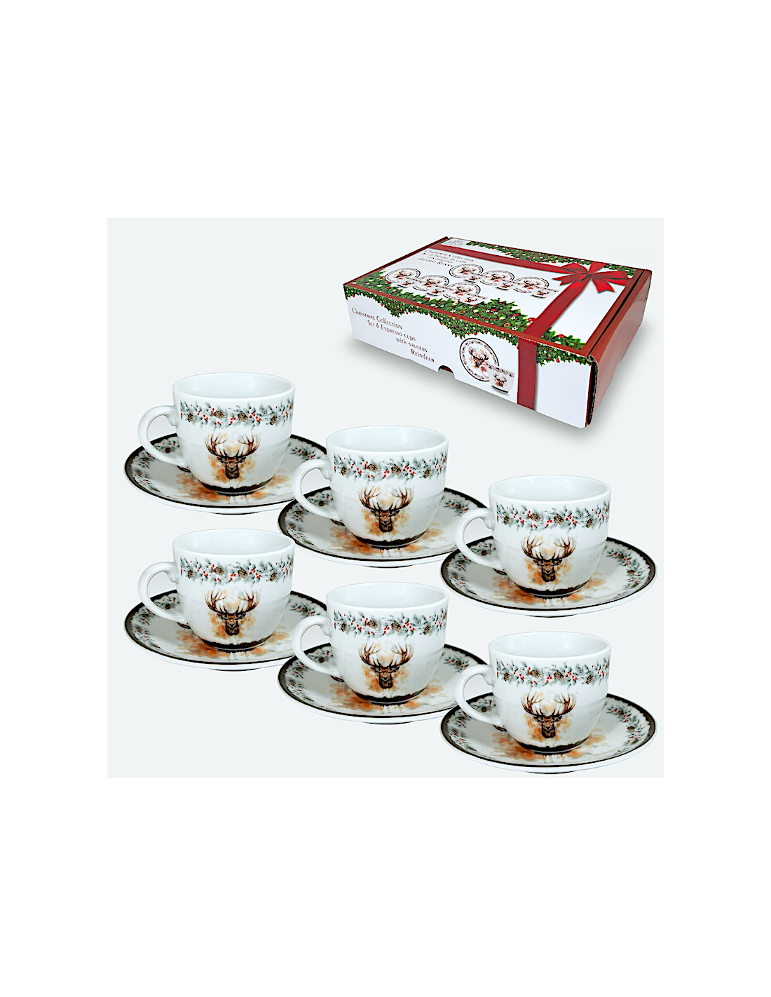 SET 6 TAZZE CAFFE CON PIATTO DEC.RENNA