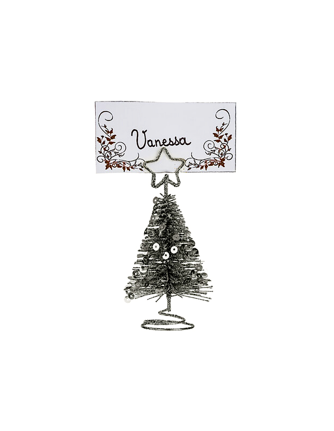 SEGNAPOSTO ALBERO DI NATALE CON PAILLETTES METALLO ARGENTO