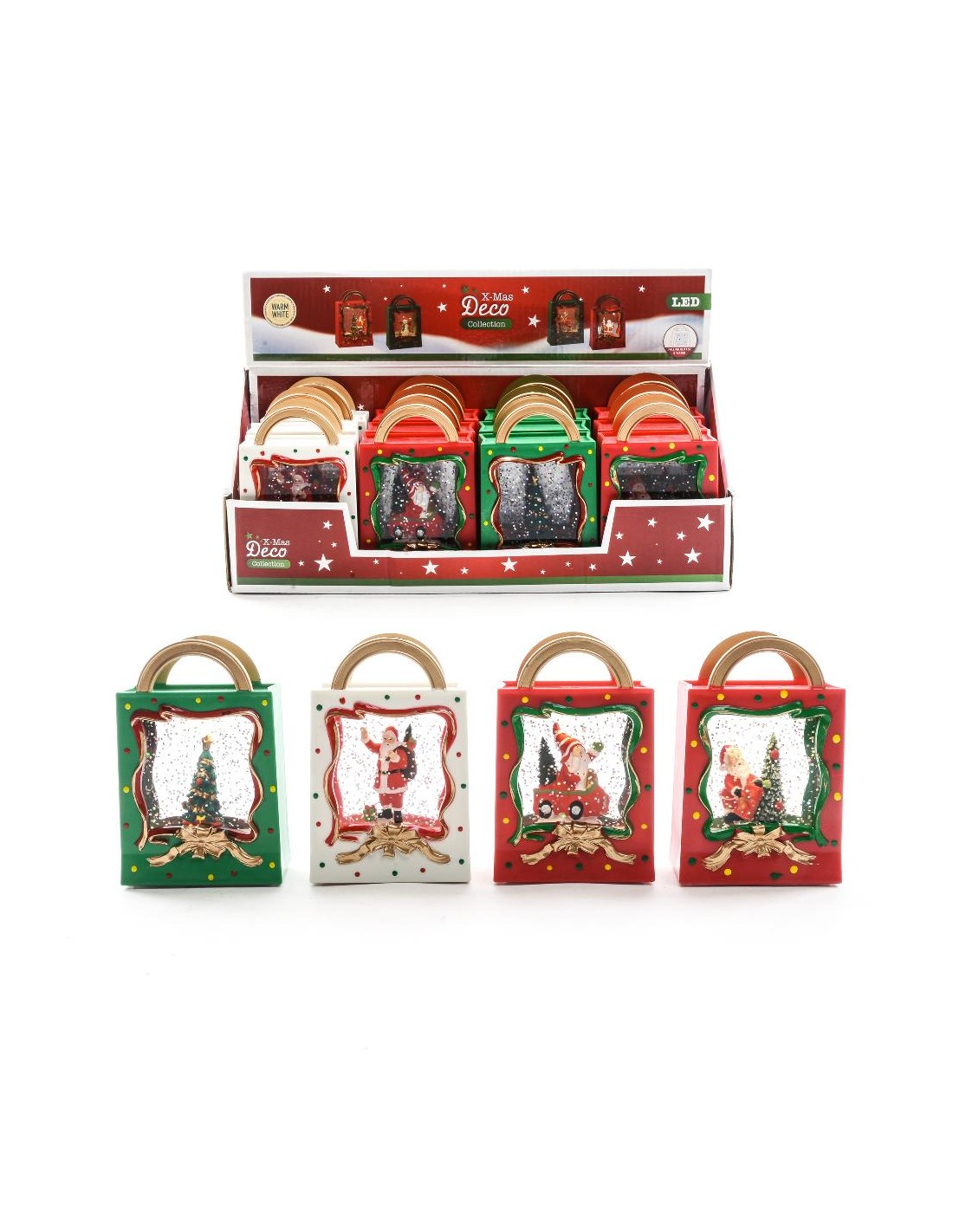 DECORAZIONE BORSETTA REGALO PLASTICA CON ACQUA E LUCI 7,5X4X12CM ASSOR