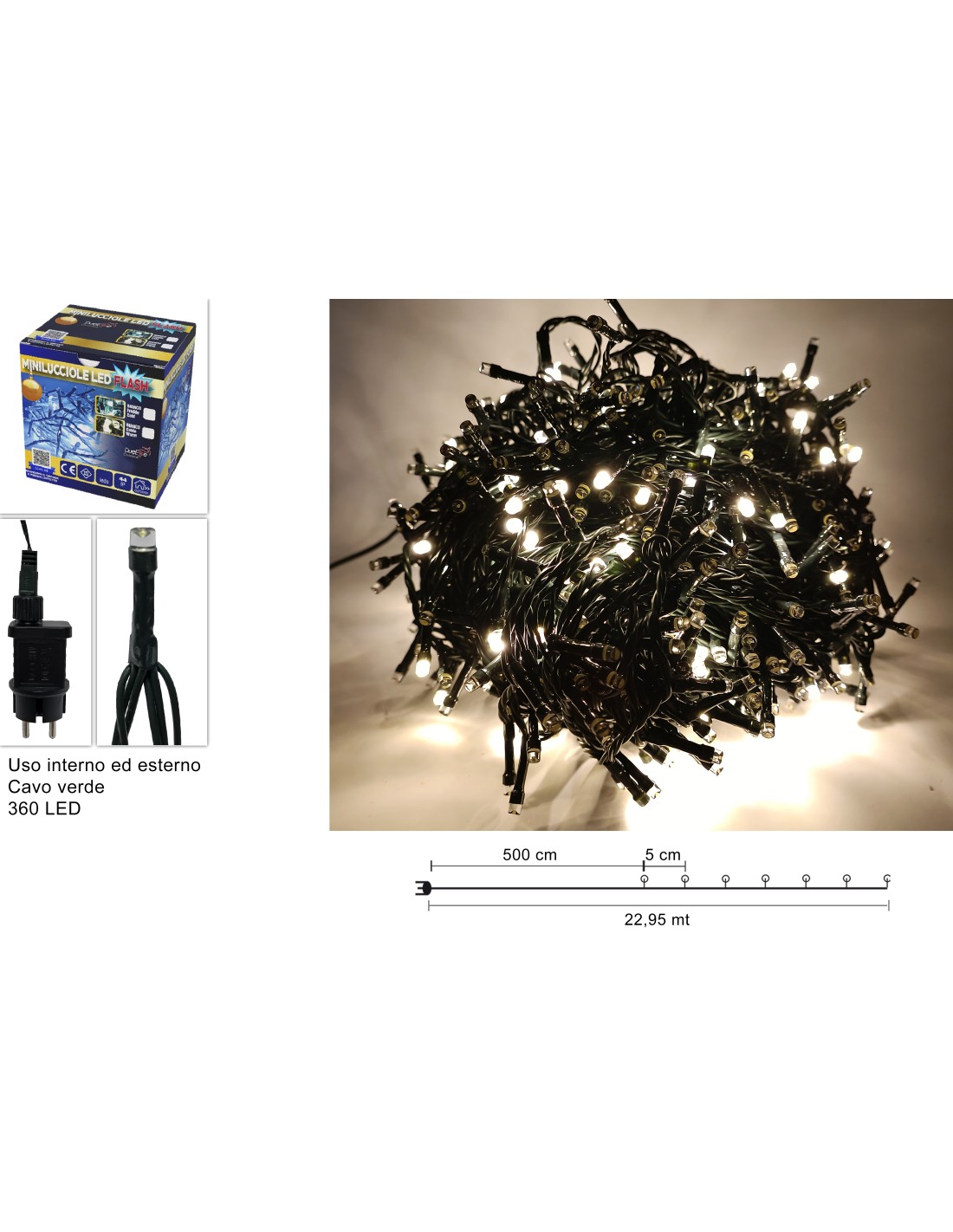 MINILUCCIOLE 360LED FLASH BIANCO CALDO CAVO VERDE