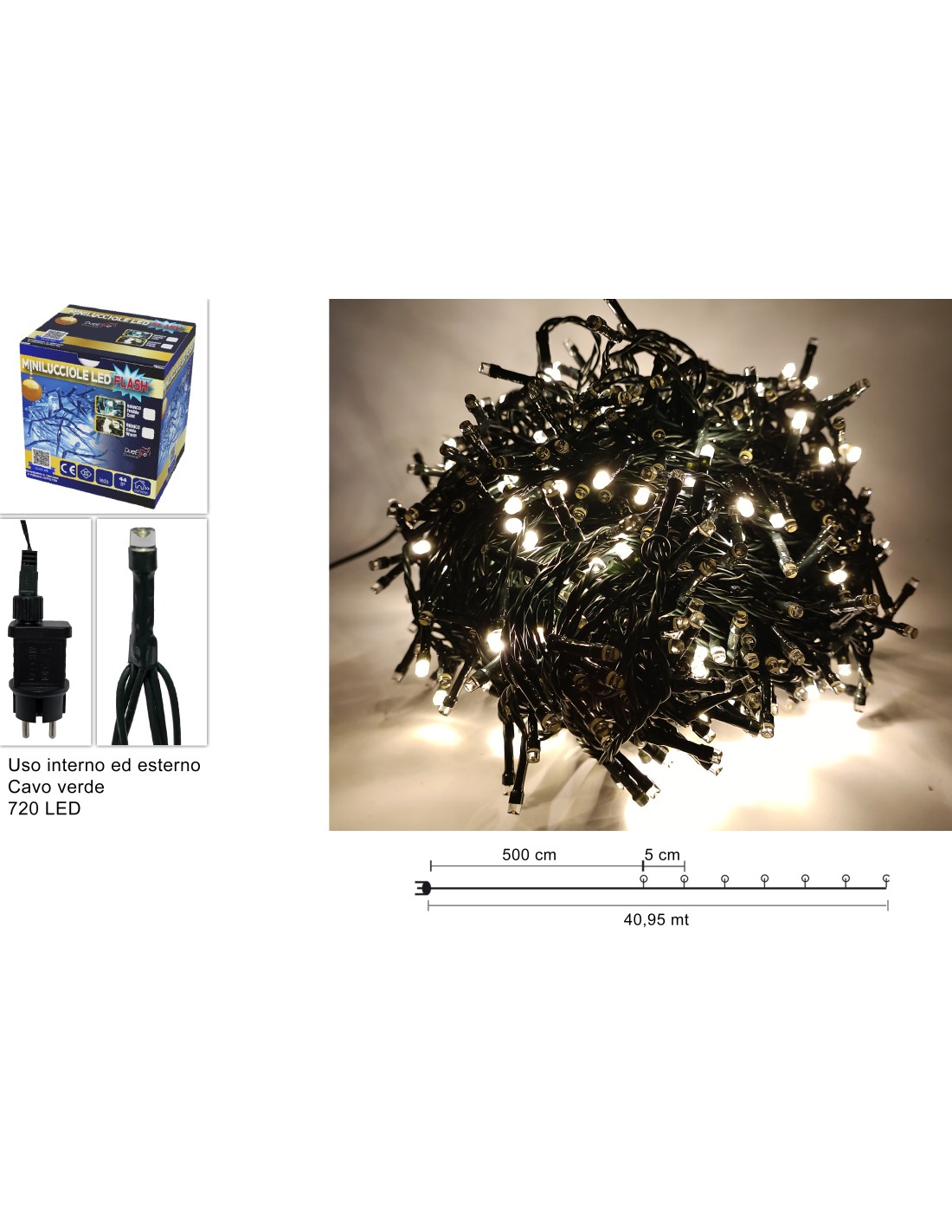 MINILUCCIOLE 720LED FLASH BIANCO CALDO CAVO VERDE