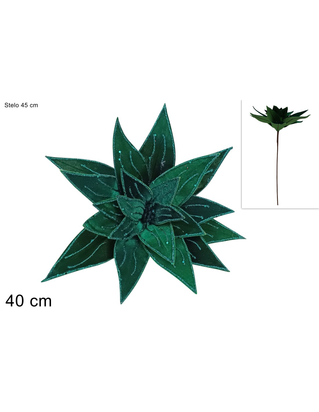 STELO 40CM FIORE VELLUTO CON GLITTER VERDE