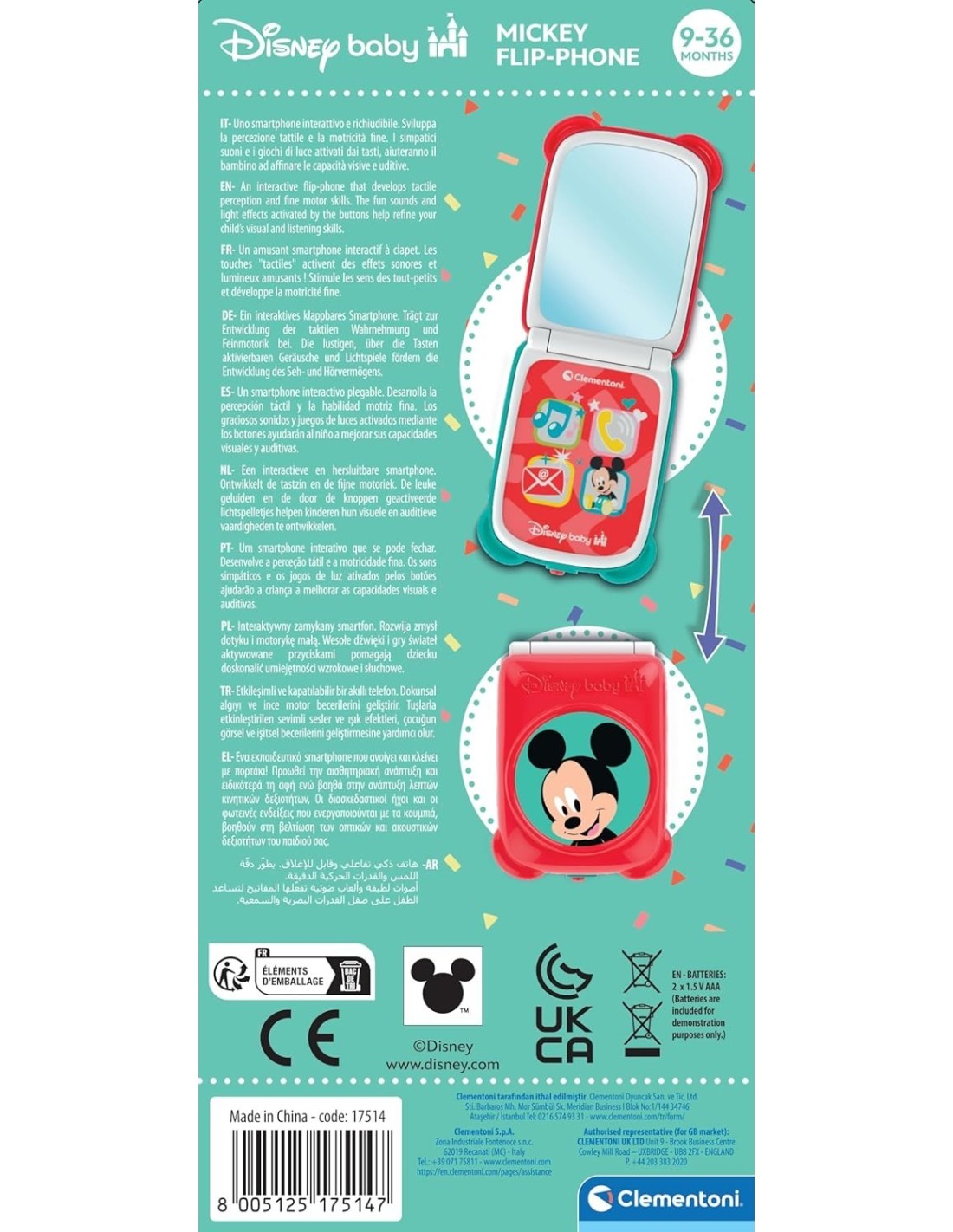 CLEMENTONI, DISNEY BABY, MICKEY FLIP PHONE, TELEFONO BAMBINI, 9-36 MESI, LUCI E SUONI