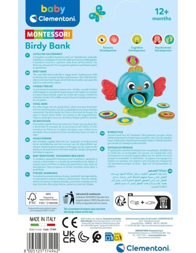 CLEMENTONI, BABY UCCELLINO SALVADANAIO, GIOCO PRIMA INFANZIA, SALVADANAIO, 7 GETTONI