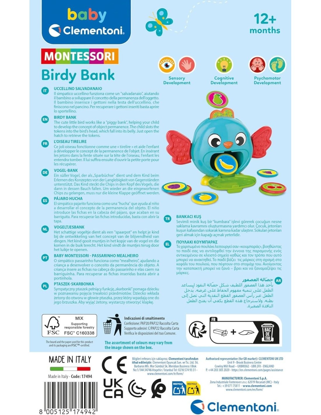 CLEMENTONI, BABY UCCELLINO SALVADANAIO, GIOCO PRIMA INFANZIA, SALVADANAIO, 7 GETTONI