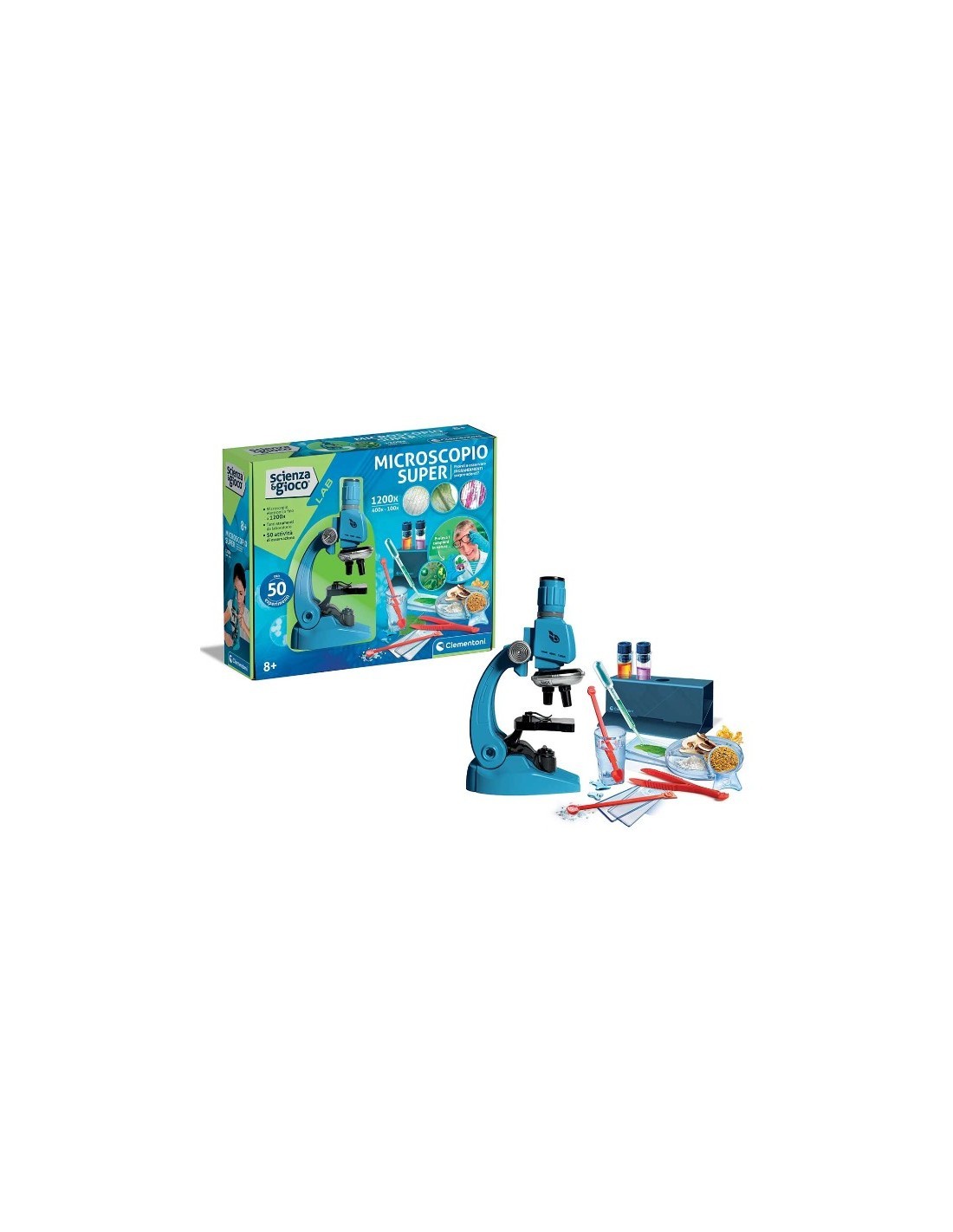 SCIENZA E GIOCO CLEMENTONI, MICROSCOPIO SUPER, KIT SCIENTIFICO, BAMBINI 8+ ANNI, 100X, 400X, 1200X, 33X25X10 CM