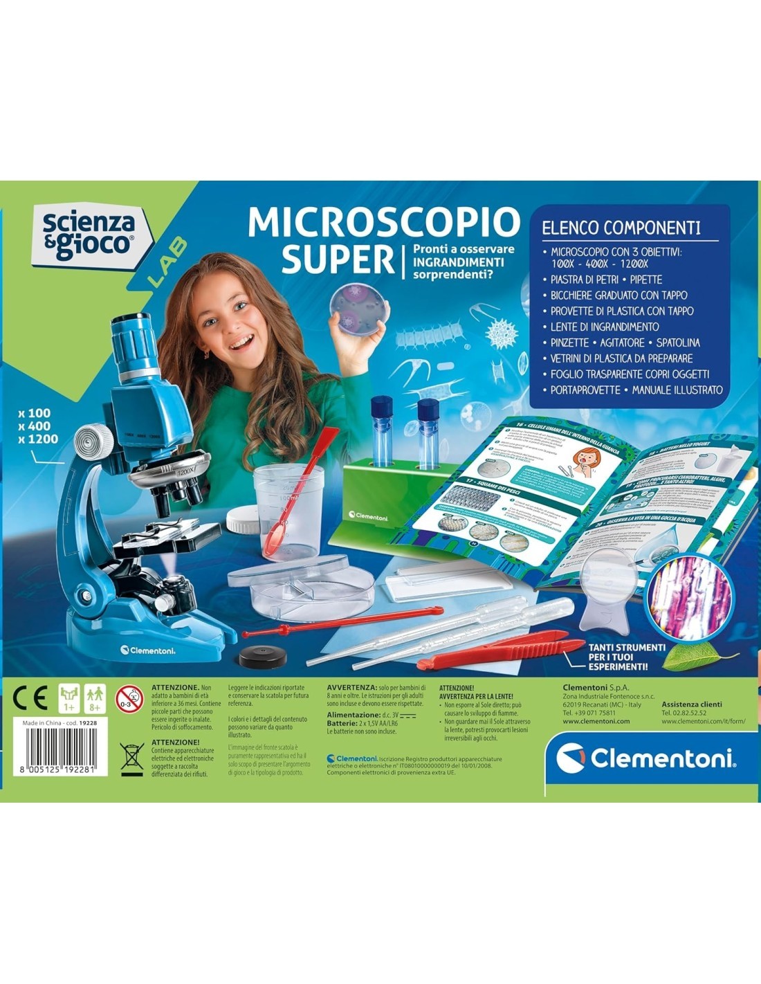 SCIENZA E GIOCO CLEMENTONI, MICROSCOPIO SUPER, KIT SCIENTIFICO, BAMBINI 8+ ANNI, 100X, 400X, 1200X, 33X25X10 CM