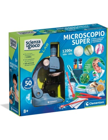 SCIENZA E GIOCO CLEMENTONI, MICROSCOPIO SUPER, KIT SCIENTIFICO, BAMBINI 8+ ANNI, 100X, 400X, 1200X, 33X25X10 CM