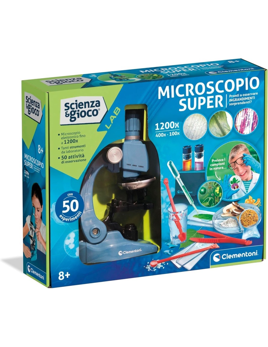 SCIENZA E GIOCO CLEMENTONI, MICROSCOPIO SUPER, KIT SCIENTIFICO, BAMBINI 8+ ANNI, 100X, 400X, 1200X, 33X25X10 CM