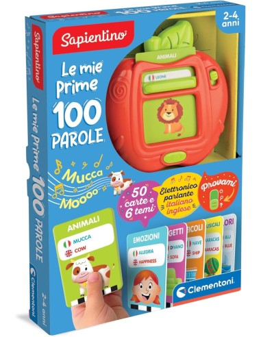 CLEMENTONI SAPIENTINO LE MIE PRIME 100 PAROLE GIOCO ELETTRONICO BAMBINI 2-4 ANNI 50 CARTE 6 TEMI FLASHCARDS ITALIANO INGLESE