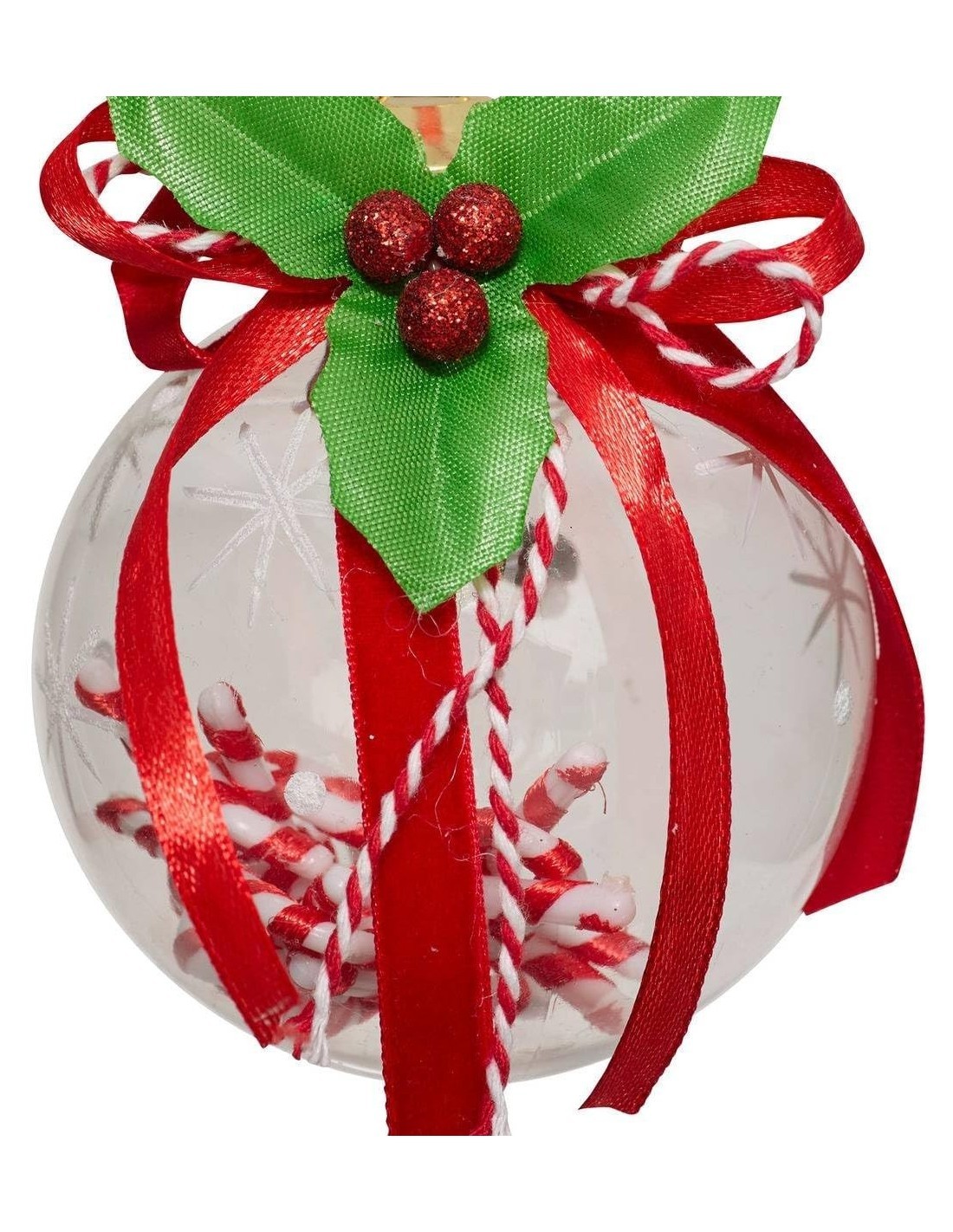 Decorazione pendente sfera di Natale 8cm in plastica rosso/bianco con bastoncino di zucchero - La magia di Natale a casa tua