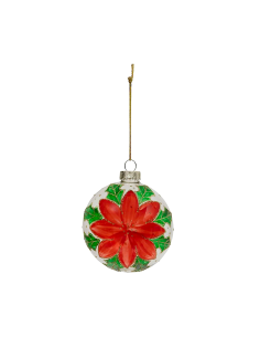 Decorazione sfera di Natale 8cm in vetro rosso con poinsettia - La magia di Natale a casa tua