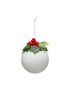 Decorazione sfera di Natale 10cm in vetro bianco con agrifoglio - La magia di Natale a casa tua