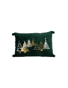 Decorazione cuscino di Natale 40x60cm in velluto verde con alberi e pom-pom - La magia di Natale a casa tua