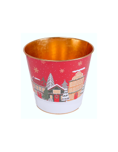 Decorazione cachepot di Natale rosso 18x17cm in metallo con paesaggio - La magia di Natale a casa tua