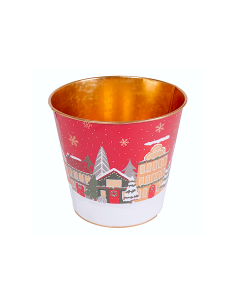 Decorazione cachepot di Natale rosso 23x22cm in metallo con paesaggio - La magia di Natale a casa tua