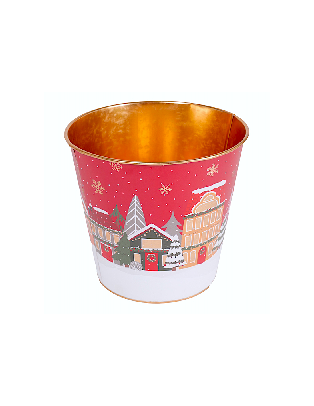 Decorazione cachepot di Natale rosso 23x22cm in metallo con paesaggio - La magia di Natale a casa tua