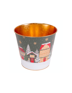 Decorazione cachepot di Natale verde 18x17cm in metallo con paesaggio - La magia di Natale a casa tua