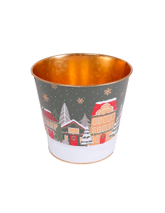 Decorazione cachepot di Natale verde 23x22cm in metallo con paesaggio - La magia di Natale a casa tua