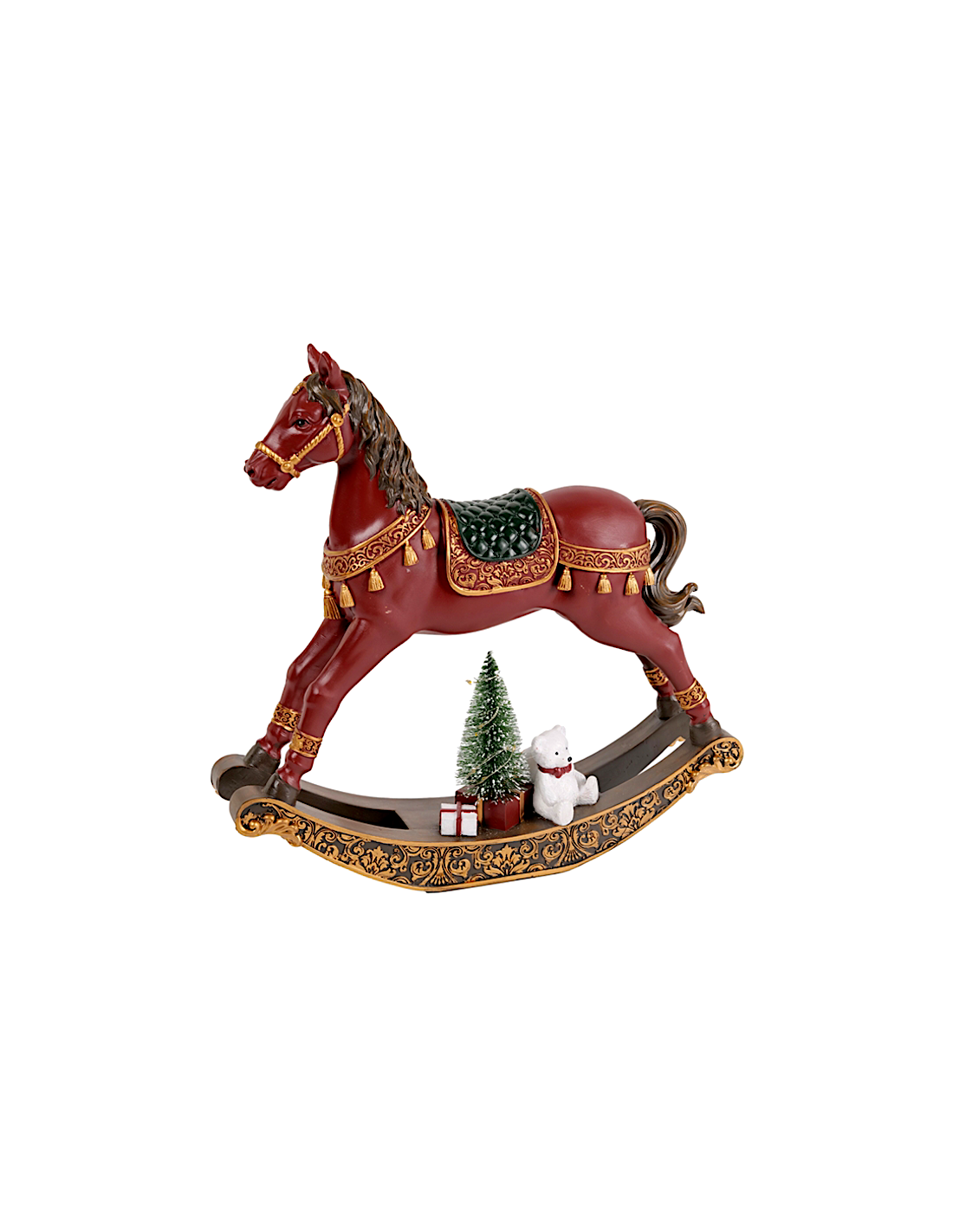 Decorazione cavallo a dondolo di Natale 29x7x29cm burgundy in resina con luce - La magia di Natale a casa tua