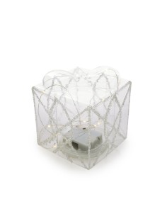 pacco regalo in vetro con perline e luci 12x12x14 cm