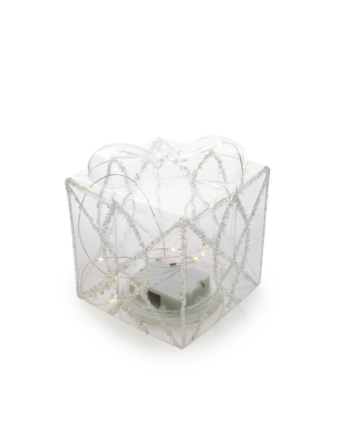pacco regalo in vetro con perline e luci 12x12x14 cm