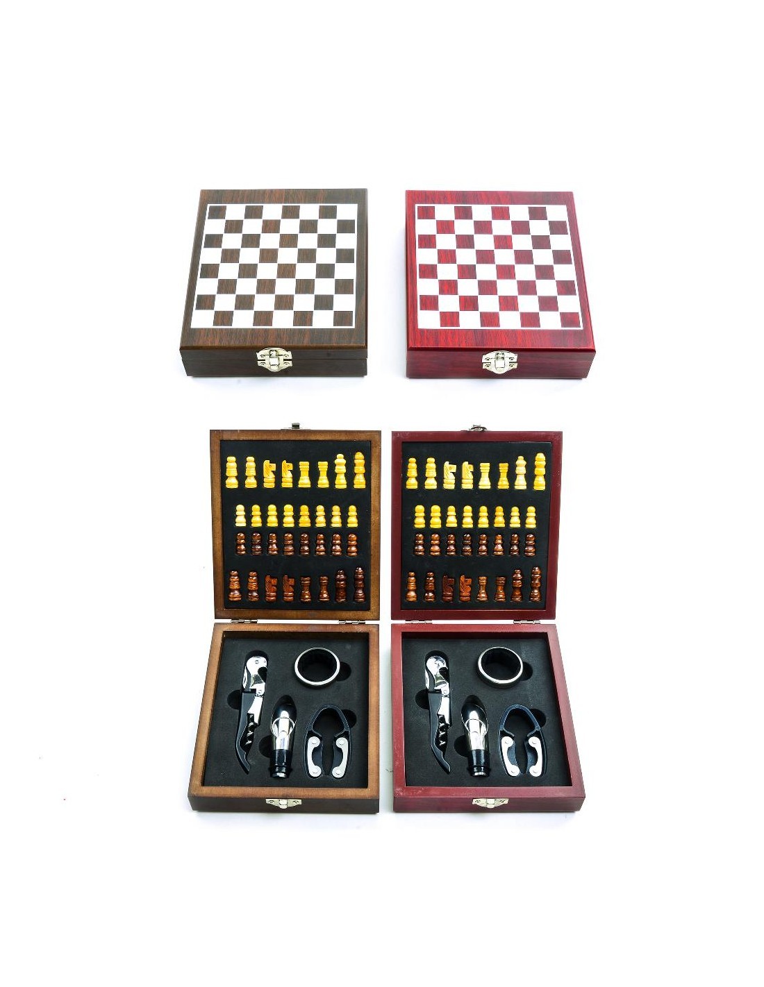 set sommelier 4 pezzi cofanetto scacchiera acciaio/legno